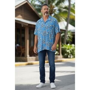 Morro Bay Mens XL Blue Tropical Floral Rayon Short Sleeve Button Down Camp Shirt